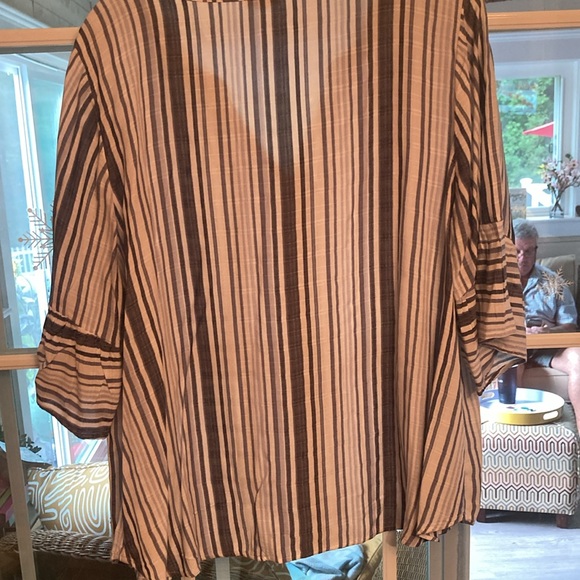 Blouse. 2X Rayon Blue/white striped. Button down, V-Neck with flouncy 3/4 sleeve - Picture 8 of 12